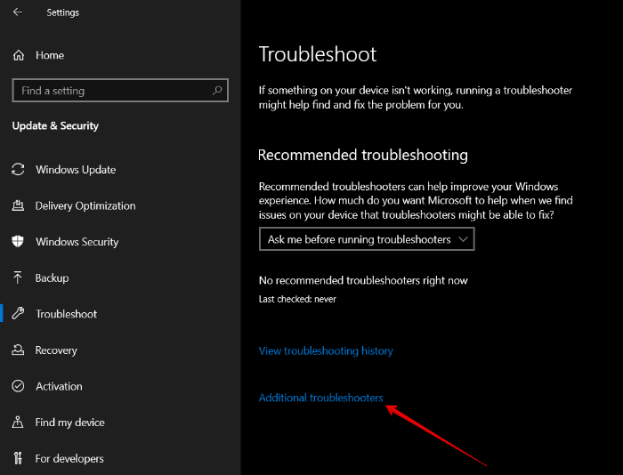 Additional Troubleshooting Settings Windows 10