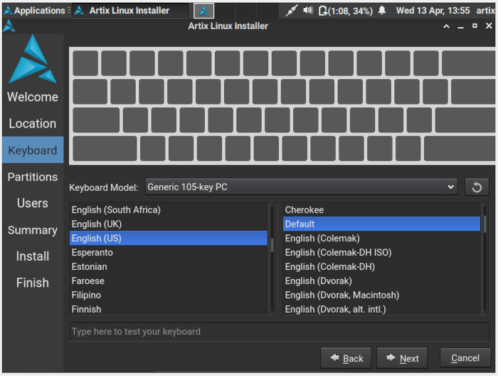 Artix Linux 11 Keymap Select