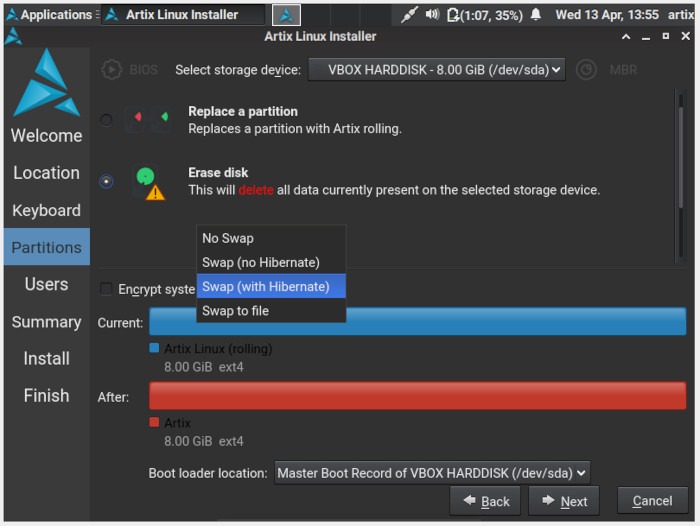 Artix Linux 12 Swap Select