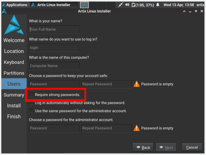 Artix Linux 14 Strong Password