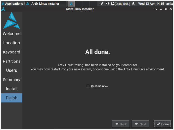 Artix Linux 18 Installation Finished