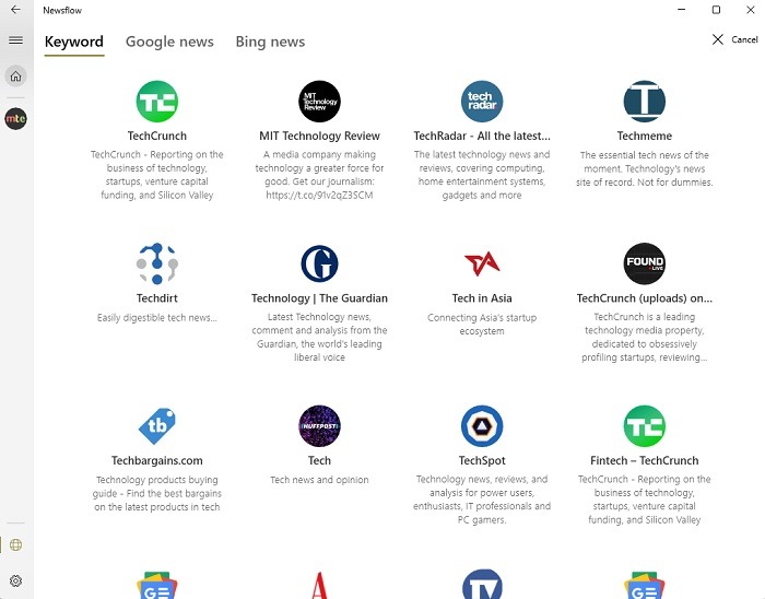 Using one of the best RSS readers for Windows, NewsFlow, to search for feeds.