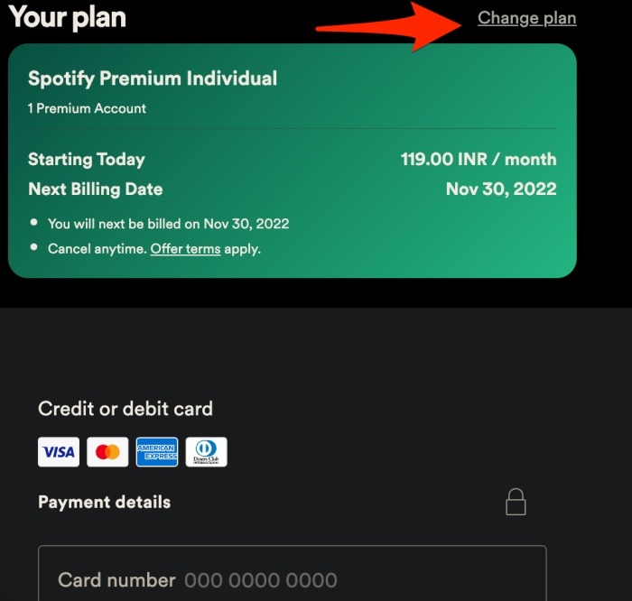 Change Spotify Payment Plan