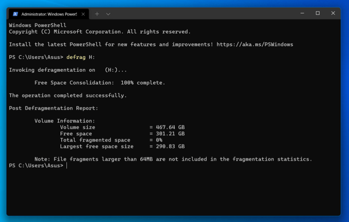 Degagmentation Command Windows Terminal