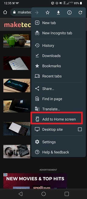 Adding a Chrome webpage to the Android home screen.