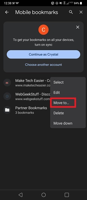 Moving bookmarks into folders.