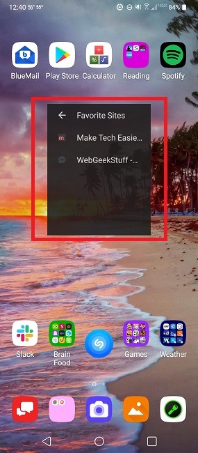 The Chrome bookmarks widget in action on the home screen.