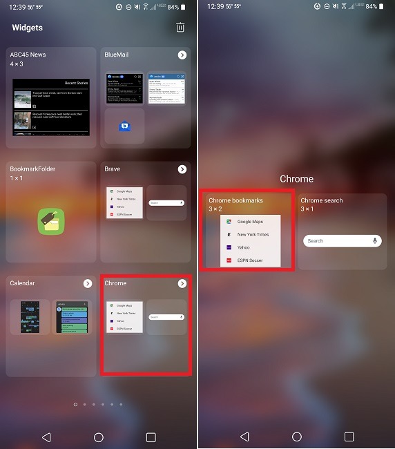 Adding the Chrome bookmarks widget to your Android home screen.
