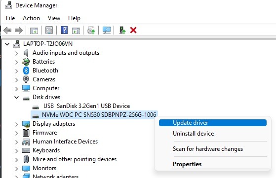 Updating hard drive driver in Device Manager.