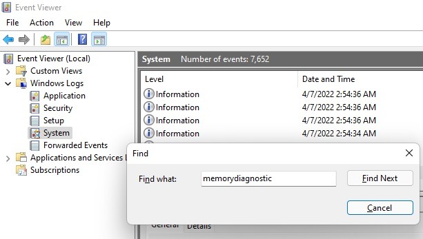 Searching for memory diagnostic results in Event Viewer.