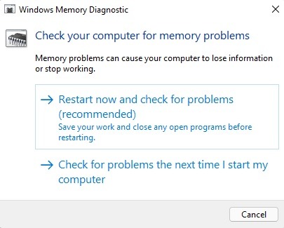 Starting a memory diagnostic scan in Windows.