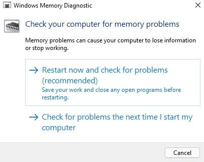 Choose when to run the Windows memory diagnostic tool. 