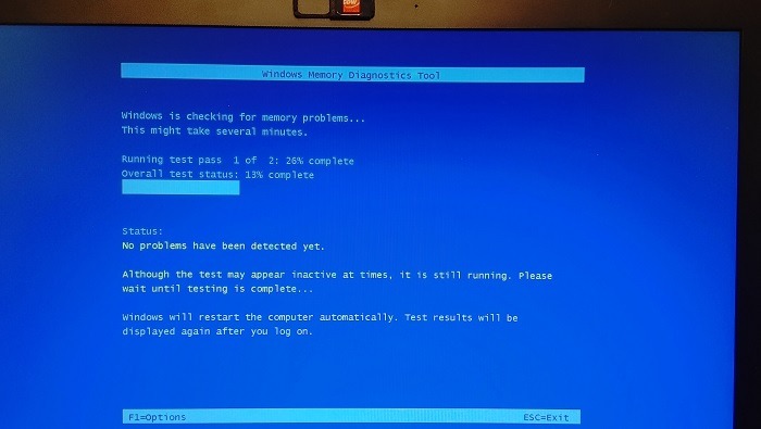 Memory Diagnostic tool running during the boot process and currently on pass 1 of 2. 