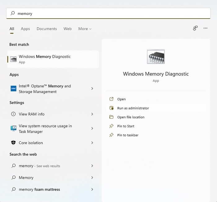 Searching for the Windows memory diagnostic tool in the Windows start menu.