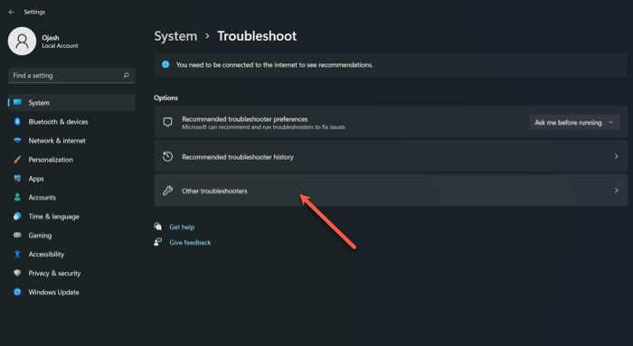Navigate To Other Troubleshooters