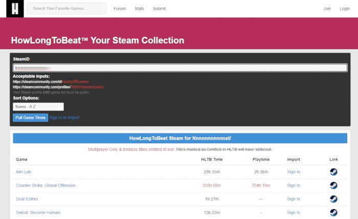 Steam Stats Howlongtobeat