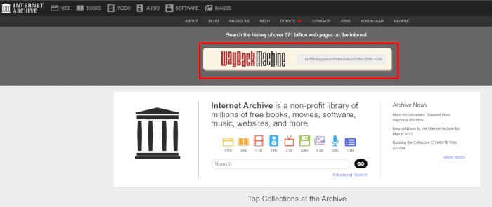 Pasting URL in Wayback Machine via Internet Archive.