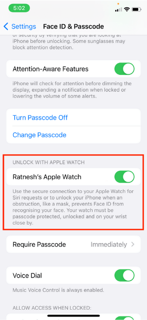 Unlock With Apple Watch Enable Toggle
