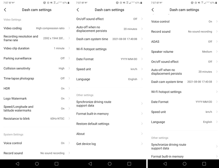 70mail Dash Cam M500 Review Settings
