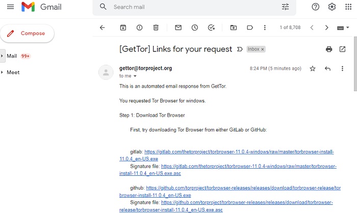 GetTor service sending Tor download links on Gmail. 