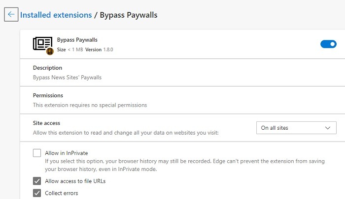 Bypass Paywalls Installed Extension