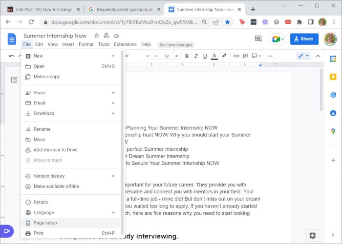 Google Doc Margins File Menu