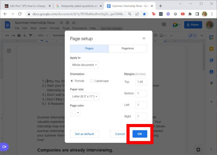 Google Doc Margins Page Setup Ok
