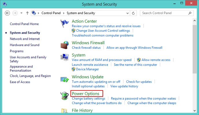 Clicking on "Power Option" in Control Panel.