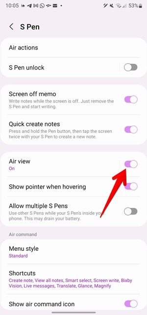 S Pen Settings Air View