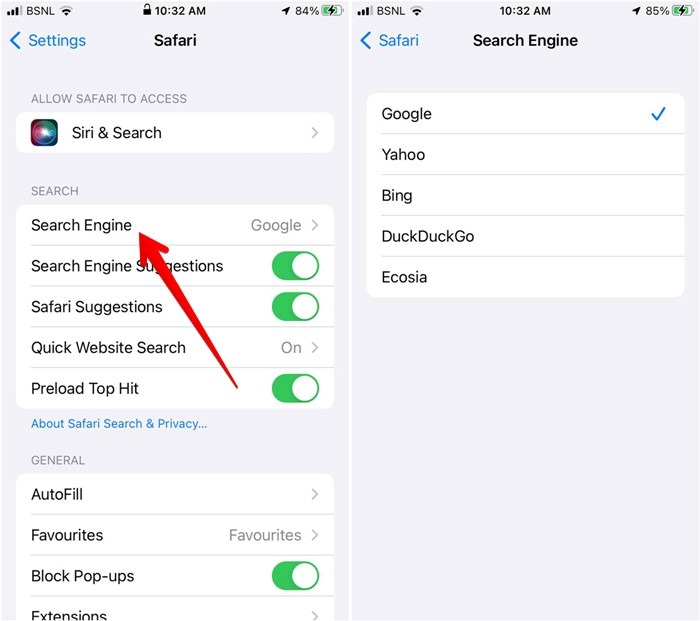 Choosing a new search engine for Safari on mobile.