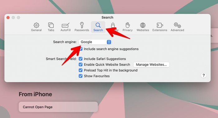 Selecting a new search engine in Safari.