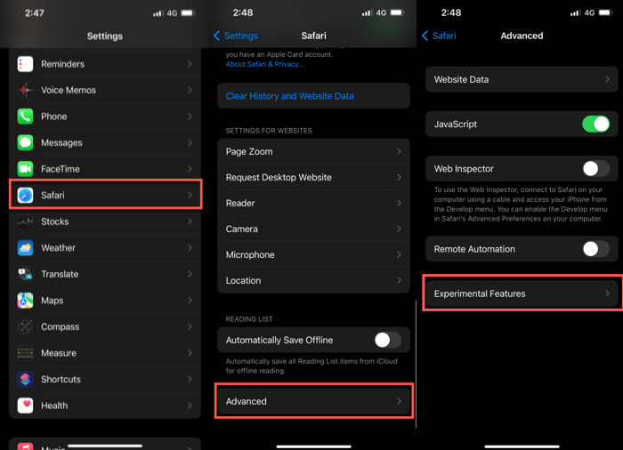 Turn On Cellular Experimental Features For Safari App