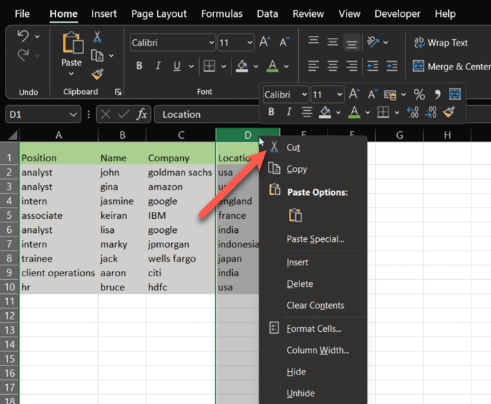 Cut The Column You Want To Move