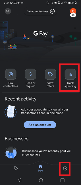 Main Google Pay screen with Insights and Track spending highlighted.