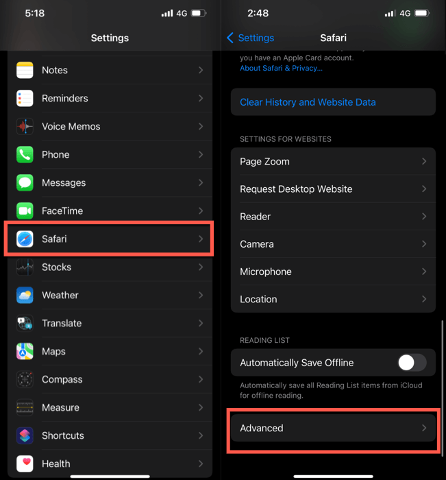 Safari Advance Settings Menu