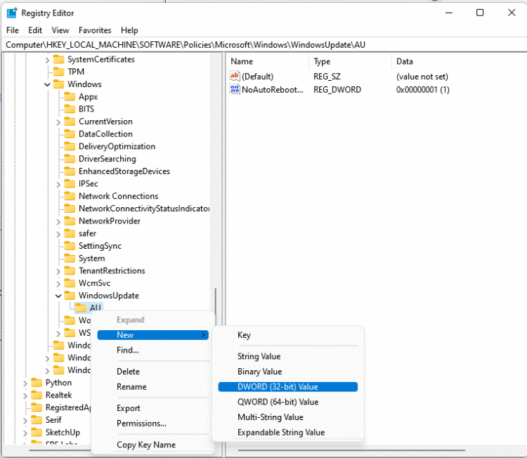 New DWORD in Registry Editor