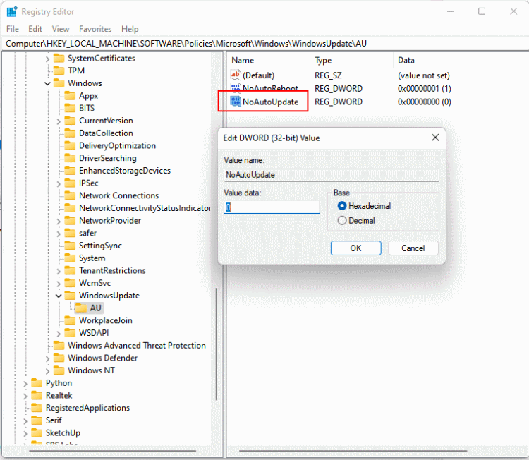 NoAutoUpdate in Registry Editor