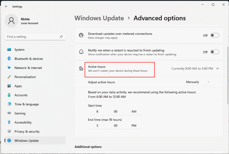 Windows Update Active hours