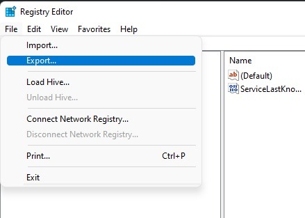 The file menu in the Windows Registry Editor.