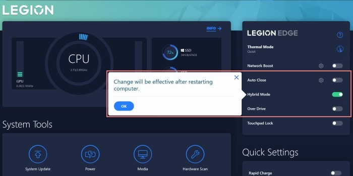 Lenovo Legion Vantage window showing a warning that a restart is needed in order to disable hybrid mode graphics