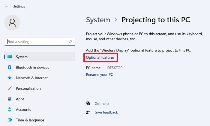 Connect Laptop Screens Projection Settings Optional Features Select Windows11