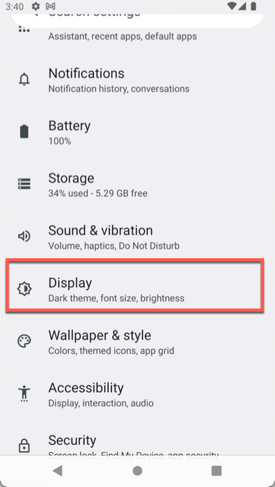 Display Settings Menu Android