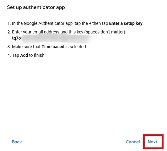 Go to the next step when setting up 2-step verification in your Google account.