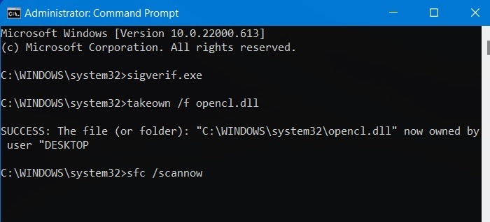 Running SFC scan via Command Prompt. 