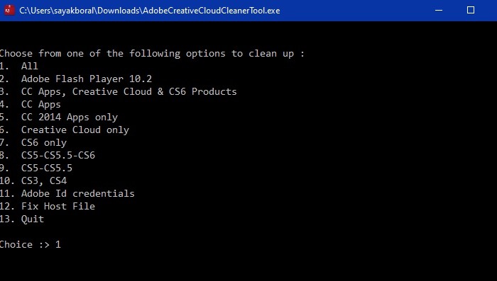 Adobe Creative Cloud Cleaner Tool options available. 