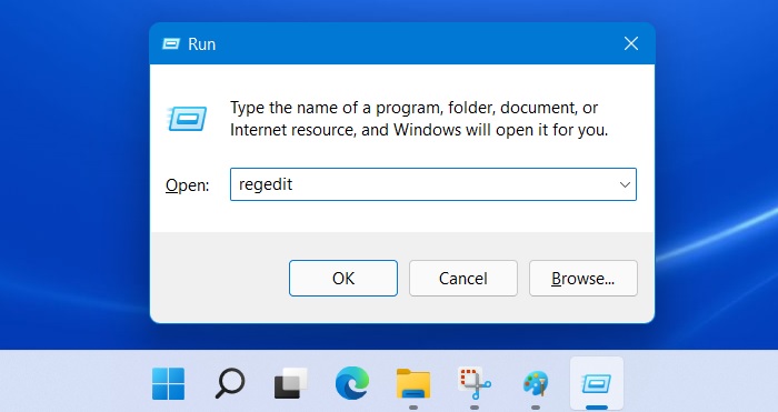 Typing "regit" in Run window.