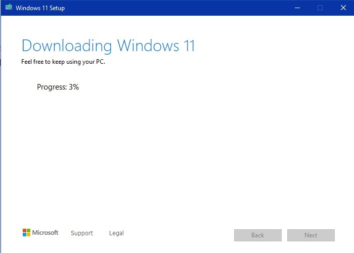 Downloading Windows in progress window.