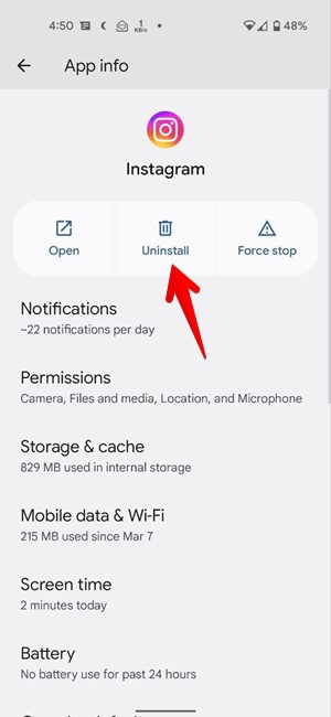 Instagram App Uninstall Android