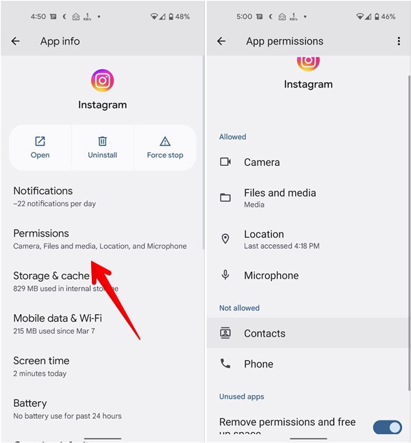 Instagram Permissions Android