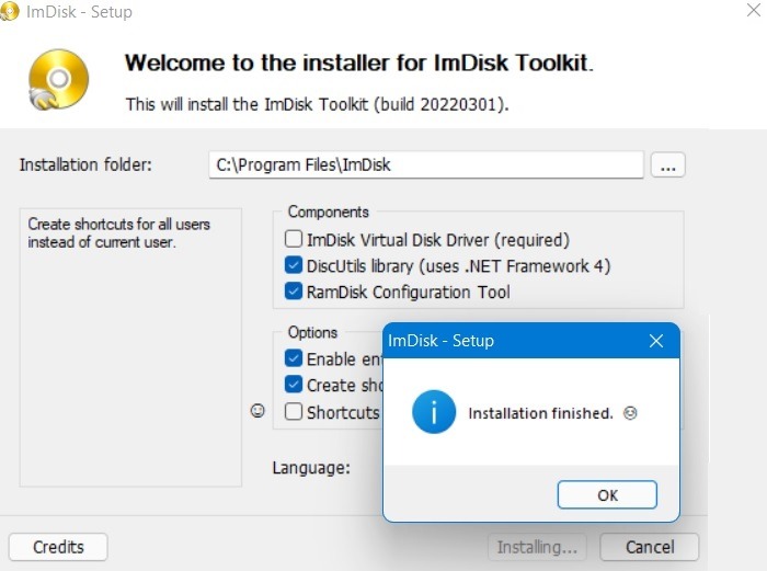 Ram Drive Windows Imdisk Windows11 Installation Finished